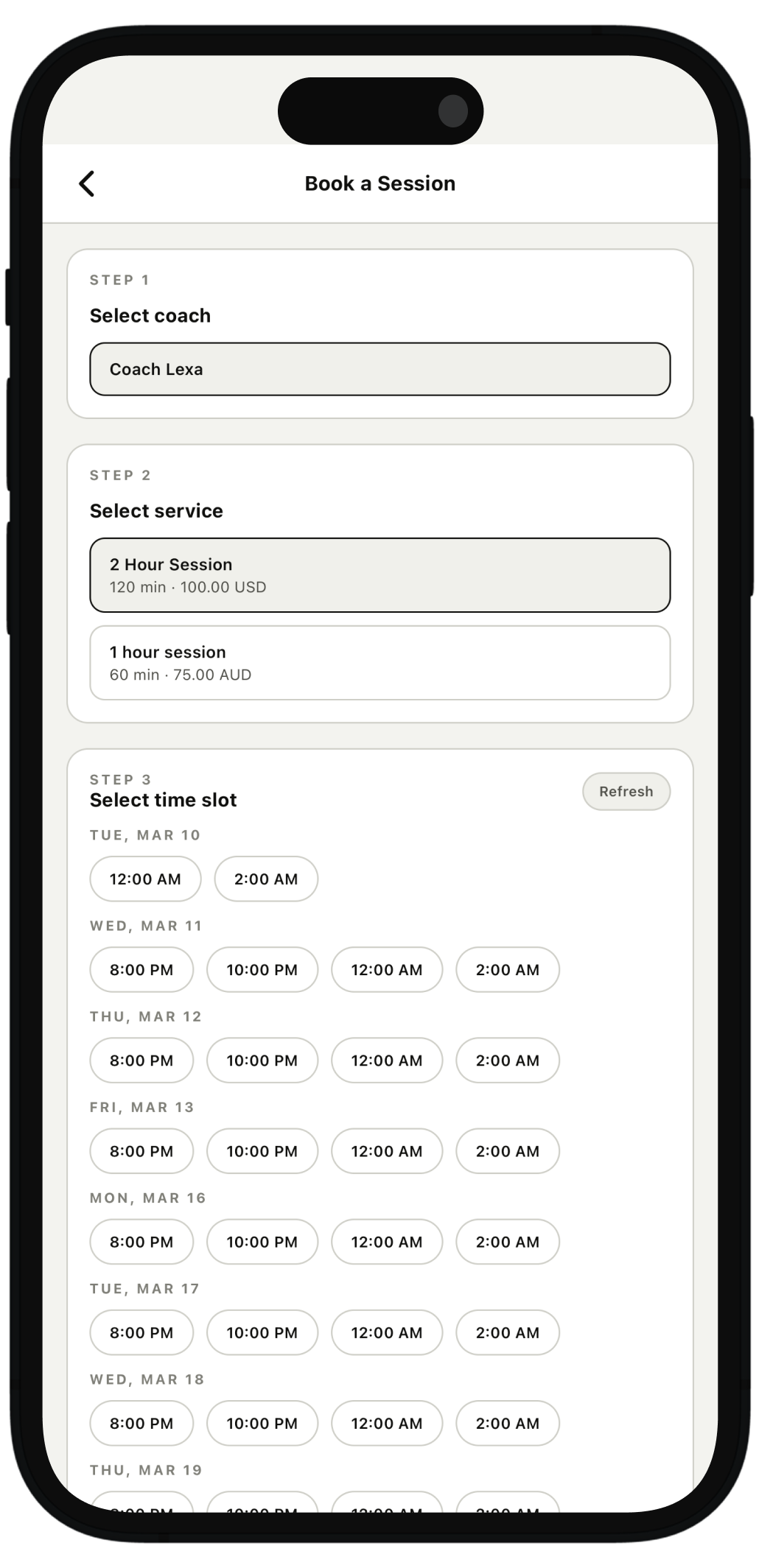 Book a session screen
